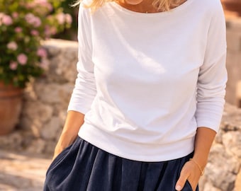White Cotton Long Sleeve Blouse, Minimalist Boat Neck Blouse