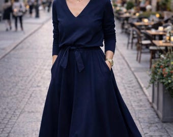 Cotton midi dress with belt, long sleeve V neck women’s dress, JENNIFER