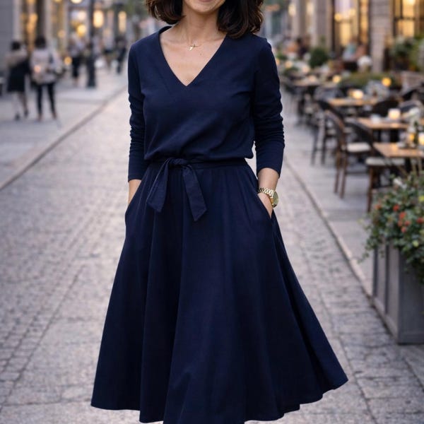 Vestido midi de algodón con cinturón, manga larga, escote en V, para mujer, JENNIFER