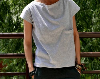 FOCUS - Baumwoll Damen T-Shirt mit Tasche / 100% Baumwolle / graues T-Shirt / graues Top / einfaches T-Shirt / Sommer Top / natürliche Baumwolle