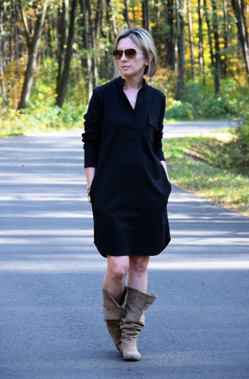 SAHARA 100% Baumwollkleid mit Stehkragen aus Polen / mit Taschen / handgemachtes Kleid / schlichtes Kleid / Vintage Schwarz