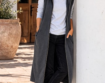 Mouwloze katoenen midi-jas Capuchon met opgestikte zakken Vest met dubbele ritssluiting Katoenen jas Boho casual jas Zomerjas Aangepaste jas