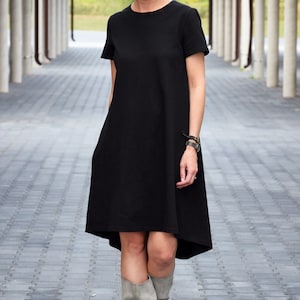 TESSA A-förmiges Kleid mit kurzen Ärmeln / 100% Baumwollkleid / handgefertigt / loses Kleid / Taschen / lose Größe Schwarz