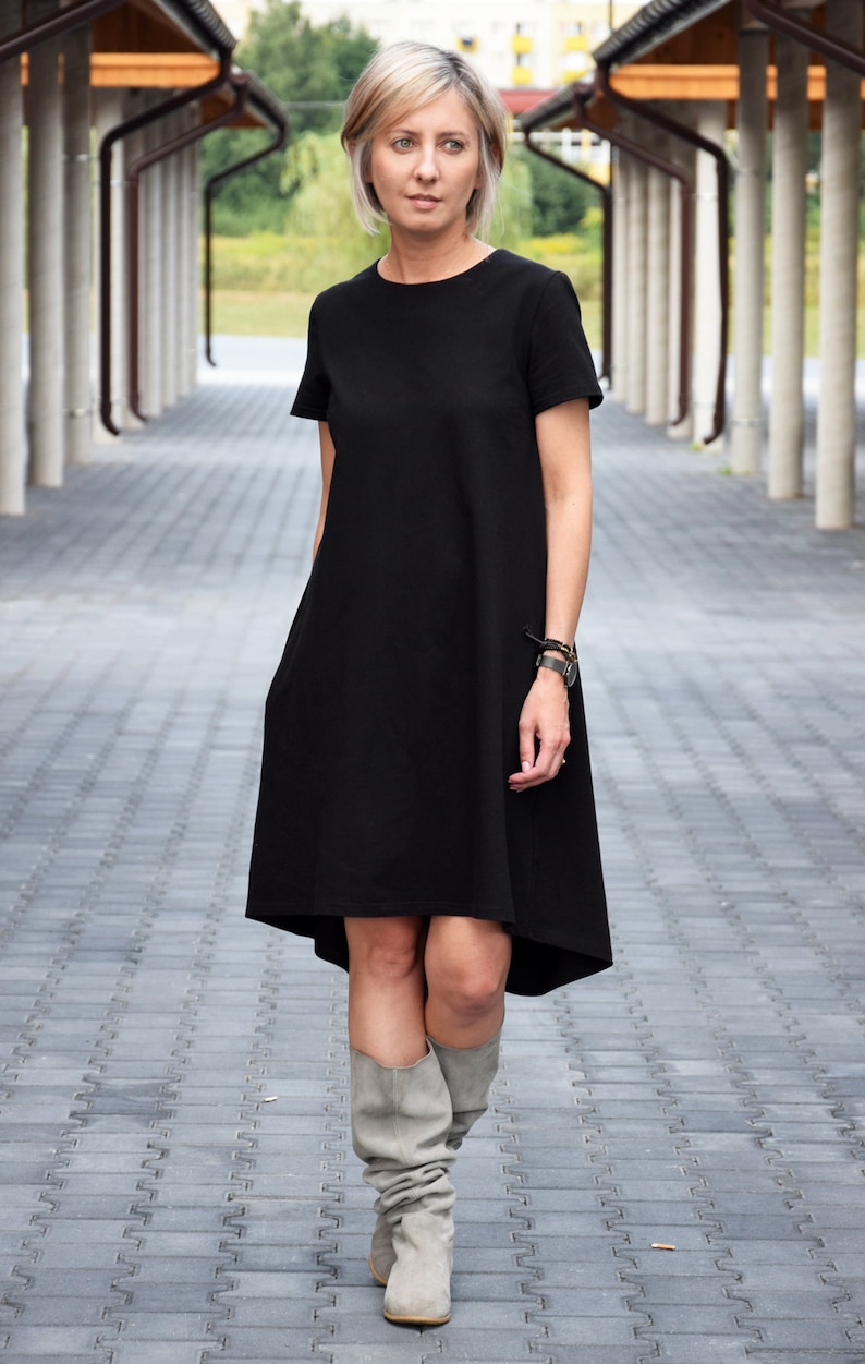 TESSA Aförmiges Kleid mit kurzen Ärmeln / Kleid aus 100% Baumwolle / handgemacht / lockeres Kleid / Taschen / lockere Größe Schwarz