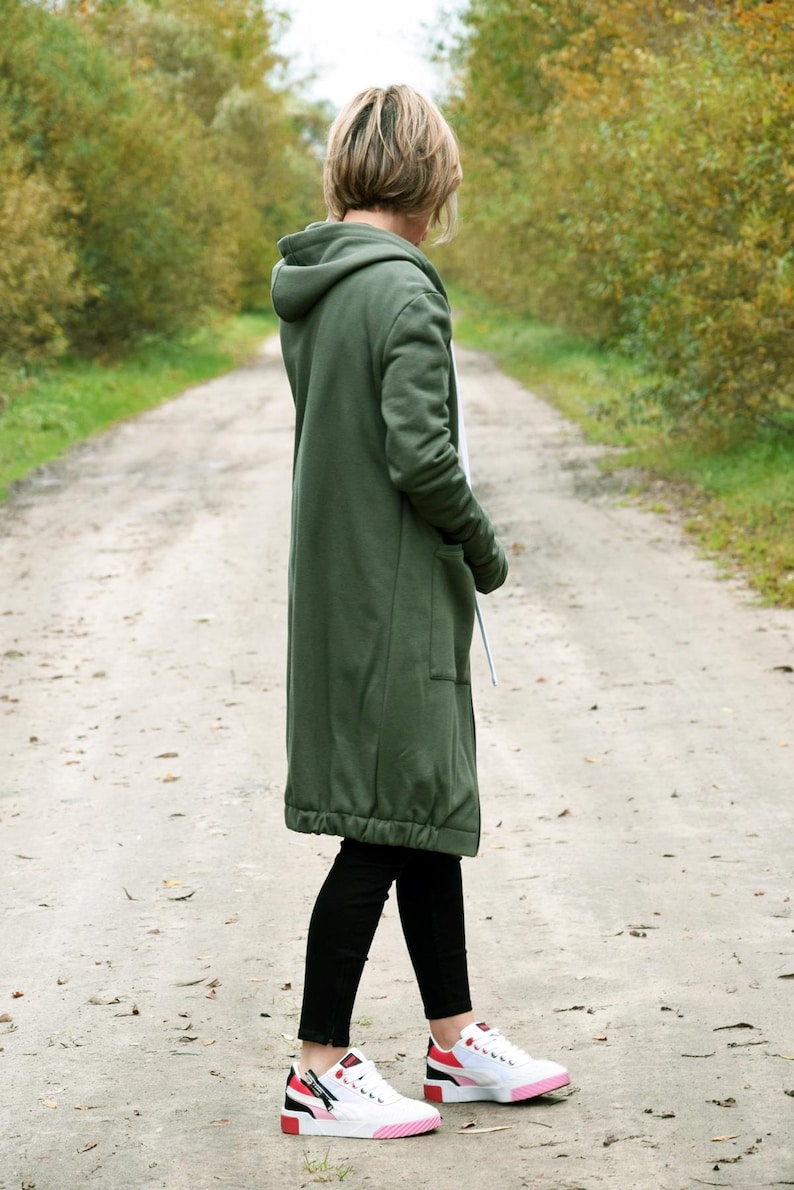 Long Cotton Zip-Up Hoodie, Thumbhole Sweatshirt, Cozy Outerwear image 5