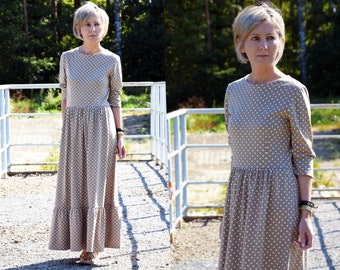 MARGO - 100% cotton midi dress with 3/4 sleeves  with cuff - mocha and dots / long dress / frill dress / made in Poland