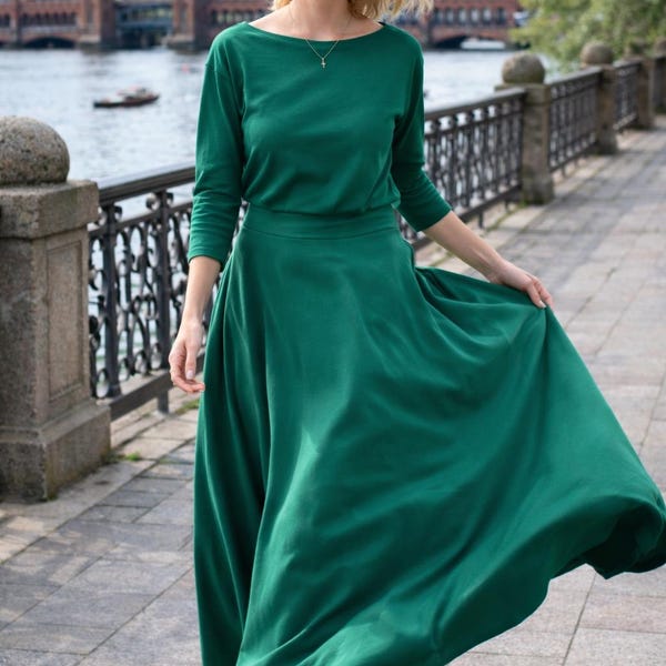 Green cotton knit maxi dress, long sleeve minimalist women’s dress