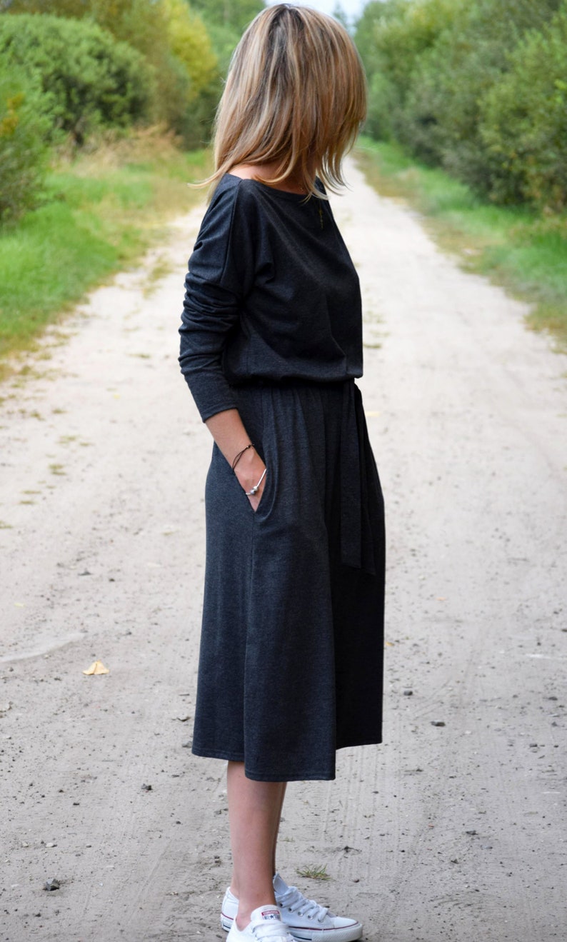 ROSE Baumwollkleid mit Gürtel Graphit / Langarm und Taschen / Midikleid / made in Poland / Vintage Kleid / handgemachtes Kleid / Midi Bild 2