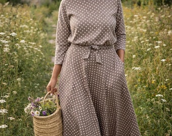 Polka Dot Cotton Midi Dress, Flared Dress with Pockets, ADELA