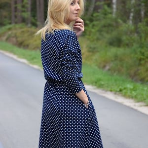 ROSE midi cotton dress with belt polka dots / long sleeve and pockets / midi dress / made in Poland / vintage dress / handmade dress image 3