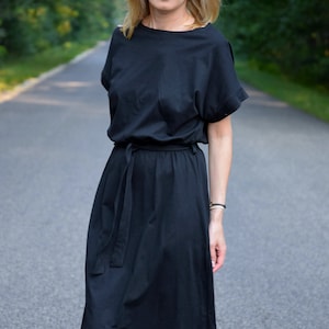 Cotton Dress / Midi Dress / Black Dress / Dress With Belt