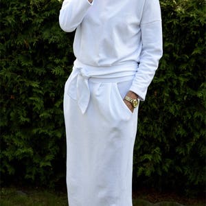 white long sleeve maxi dress with pockets