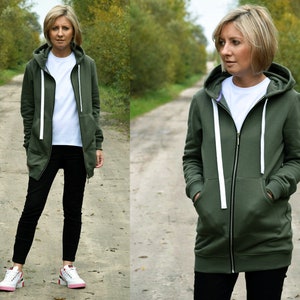 CHLOE Damen Zip-up Kapuzenpullover / Sweatshirt und große kängurutasche / 8 Farben / Langer Hoodie / Metallreißverschluss / Handmade by Sisters Khaki