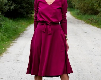 Cotton midi dress, fuchsia dress, V-neck dress, flared dress, women dresses, JENNIFER dress