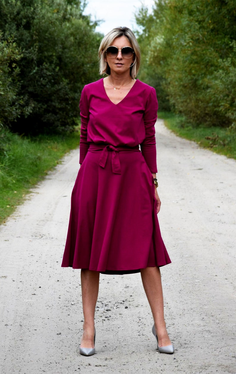 JENNIFER Midikleid aus Baumwolle mit V-Ausschnitt / Ausgestelltes Baumwollkleid / Partykleid / 100% Baumwolle / Vintage Kleid / Kleid für die Arbeit / lockeres Kleid Fuchsia