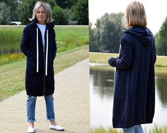 JASPER - langer Kapuzenpullover aus Polen / warmes Sweatshirt - zwei Lagen Baumwolle / Ärmel mit Daumenloch veredelt / handgefertigt