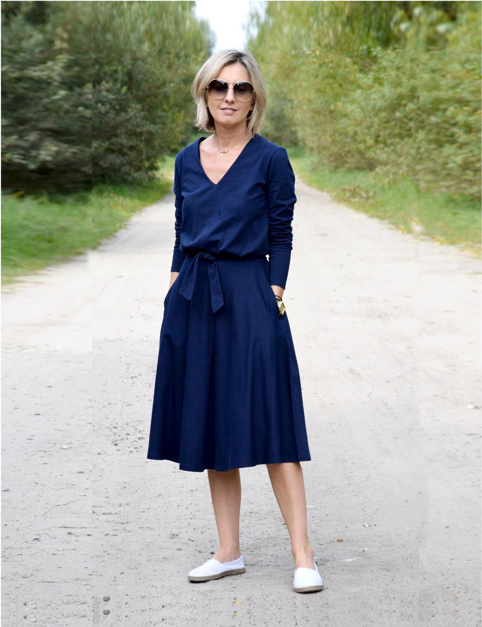 V-Neck Cotton Midi Dress with Pockets – Handmade in Poland - size S-XXL - JENNIFER dress