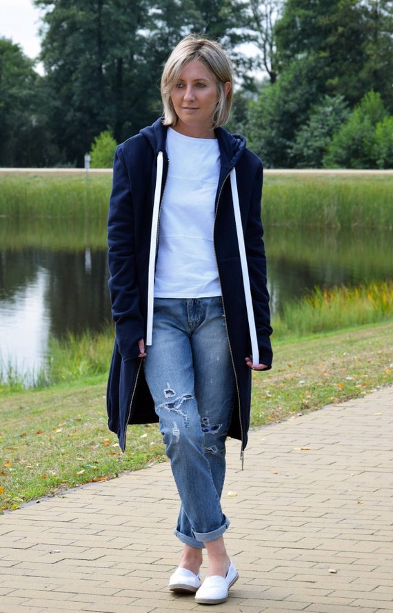 Women’s Navy Longline Zip Hoodie, Hooded Sweatshirt Coat with Pockets, Casual Everyday Jacket