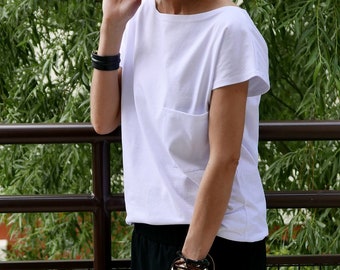 FOCUS - Baumwoll Damen T-Shirt mit Tasche / 100% Baumwolle / weißes T-Shirt / weißes Top / einfaches T-Shirt / Sommer
