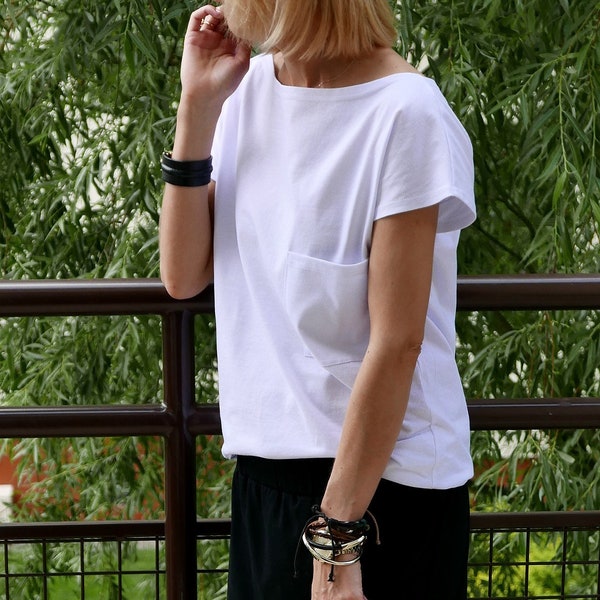FOCUS - t-shirt femme en coton avec poche / 100% coton / t-shirt blanc / haut blanc / t-shirt simple / été