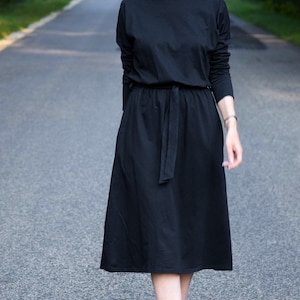 ROSE - cotton dress with belt - black / long sleeve and pockets / midi dress / made in Poland / vintage dress / handmade dress / black midi