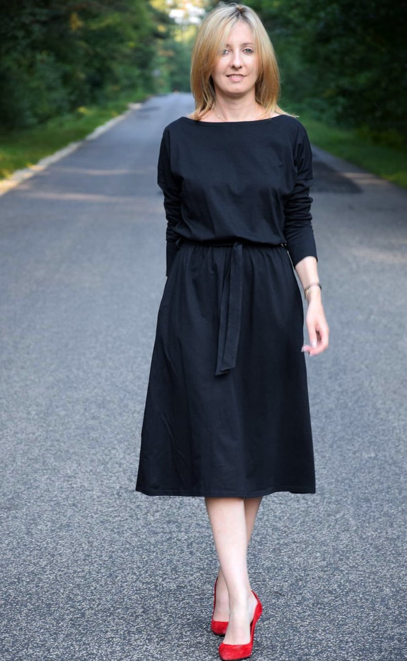 ROSE cotton dress with belt graphite / long sleeve and pockets / midi dress / made in Poland / vintage dress / handmade dress / midi image 6