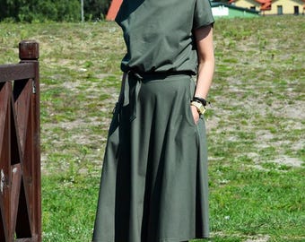 Cotton Midi Dress with Pockets and Belt