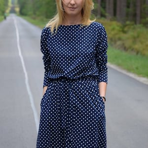 ROSE Midi Baumwollkleid mit Gürtel Polka Dots / Langarm und Taschen / Midi Kleid / made in Poland / Vintage Kleid / handgemachtes Kleid Bild 5