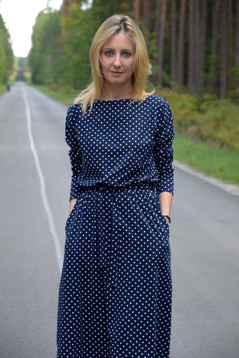 ROSE Midi Baumwollkleid mit Gürtel Polka Dots / Langarm und Taschen / Midi Kleid / made in Poland / Vintage Kleid / handgemachtes Kleid Bild 5