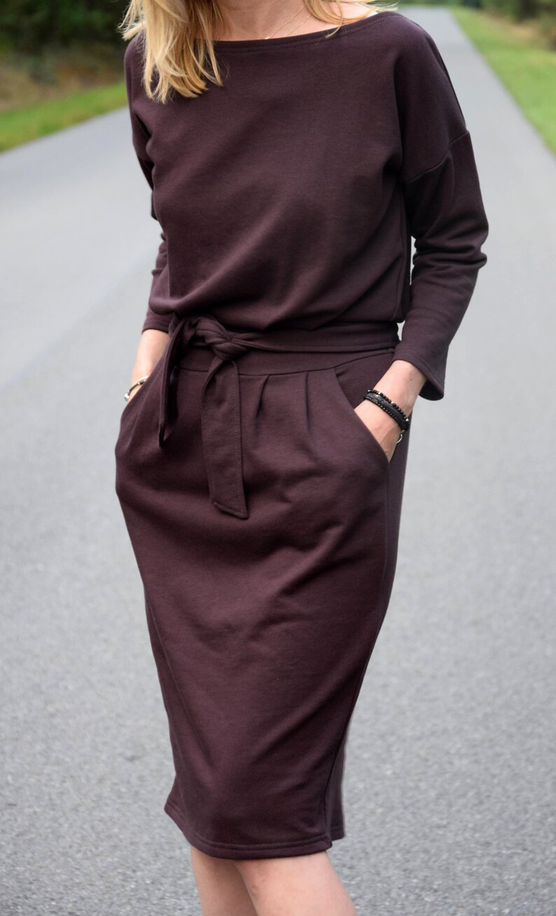 100/% cotton midi dress autumn dress dress Knee Length color brown chocolate simple dress pockets tied dress work dress KIKA