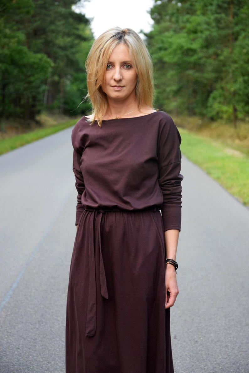 100/% cotton midi dress autumn dress dress Knee Length color brown chocolate simple dress pockets tied dress work dress KIKA