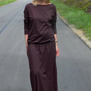 MAXIMA dress with pockets 100% cotton / 10 colours / dark red dress / long dresses / maxi dress / with sleeves / Size 6,8,10,12,S,M,L,XL Brown