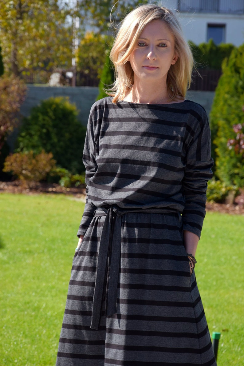 midi dress handmade striped dress Flared cotton dress 100/% cotton Dress with Pockets midi dress dress with sleeves Poland ROSE