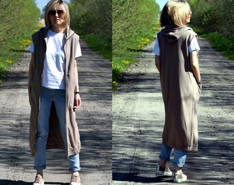 DEEP - 100% cotton sleeveless long cardigan / Women cotton Vest / beige Sleeveless Coat / Extravagant Vest / simple coat