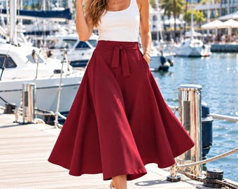 Klaudia Cotton Midi Skirt, Bordeaux Skirt with Pockets,