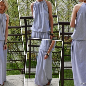 Sisters Long Dress Amira Graphite / cotton maxi dress / summer dress / tied at the neck / handmade and vintage Gray