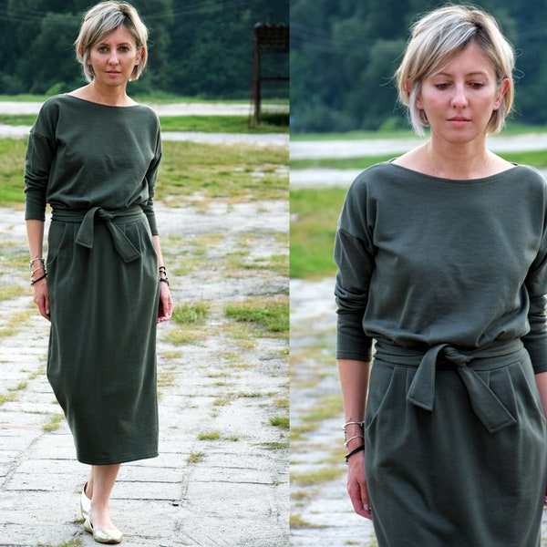 NINA 100% bawełniana sukienka maxi z paskiem / ręcznie robiona / Długie rękawy / z kieszeniami / Okrągły dekolt / długa sukienka / elegancka sukienka / sukienka khaki