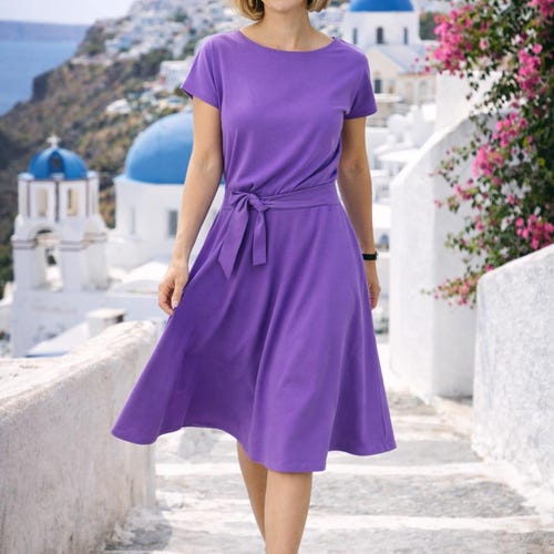 Purple Cotton Midi Dress, Flared Dress with Belt, Lucy