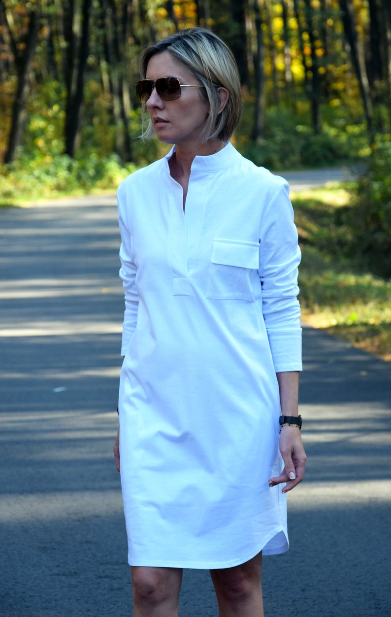 SAHARA 100% Baumwollkleid mit Stehkragen aus Polen / mit Taschen / handgemachtes Kleid / schlichtes Kleid / lockeres Kleid Weiß