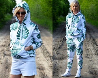 GAJA - cottons women's hoodie / sweatshirt and large kangaroo pocket / more colours / Handmade by Sisters / white with a leaf print