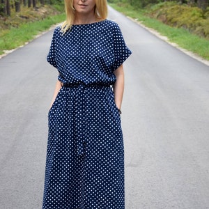 MANILA Cotton midi dress, navy blue with white dots / autumn dress / unique dress / party dress / office dress / loose dress / retro dress image 2