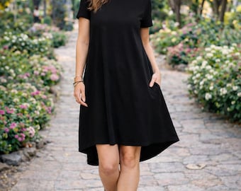 Mini Cotton Dress with Pockets, Black Short Sleeve Dress, TESSA