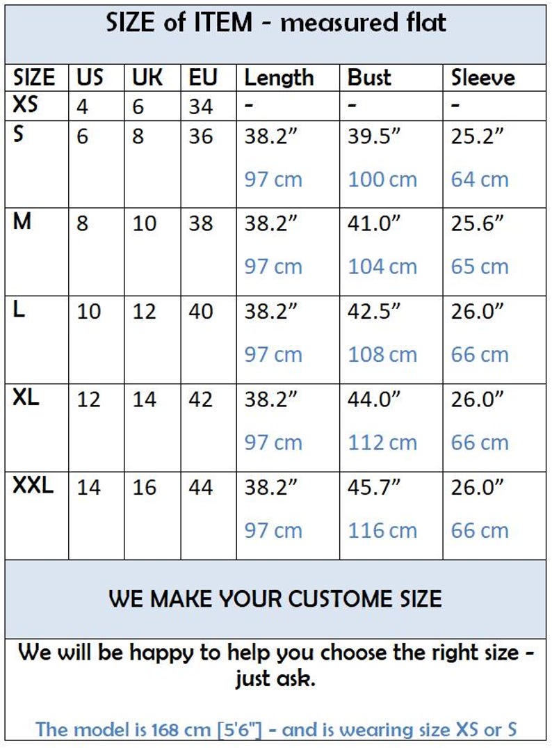 May include: Size chart for clothing with measurements in inches and centimeters. The chart shows sizes XS through XXL with corresponding US, UK, and EU sizes. Measurements are provided for length, bust, and sleeve.