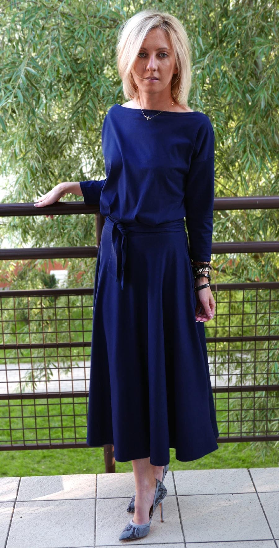 ADELA Midi Navy Blue Flared Cotton Dress / Party Dress / 100% - Etsy UK