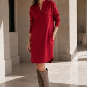 Burgundy Cotton Tunic Dress, Long Sleeve Dress with Pockets, SAHARA