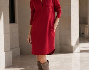 Burgundy Cotton Tunic Dress, Long Sleeve Shift, Minimalist Everyday Style