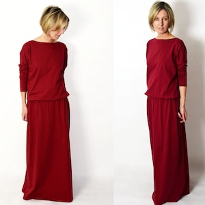 MAXIMA dress with pockets 100% cotton / 10 colours / dark red dress / long dresses / maxi dress / with sleeves / Size 6,8,10,12,S,M,L,XL image 1