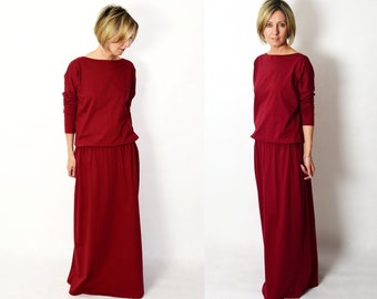 MAXIMA dress with pockets 100% cotton / 10 colours / dark red dress / long dresses / maxi dress / with sleeves / Size 6,8,10,12,S,M,L,XL