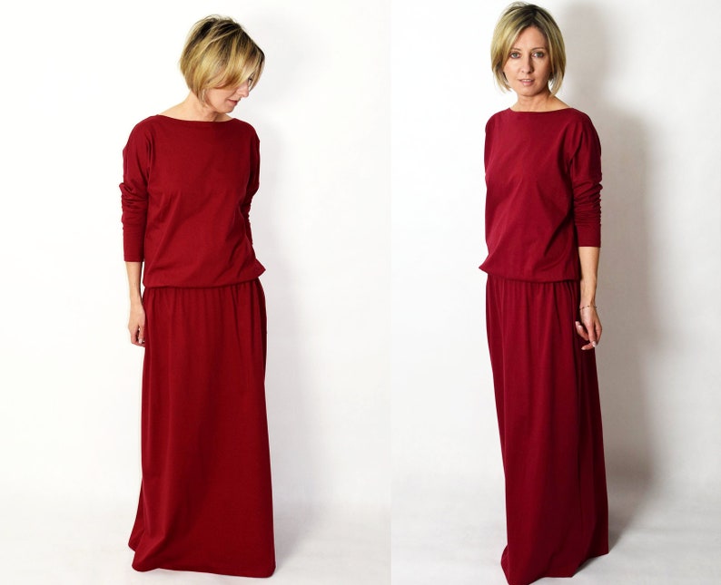 MAXIMA dress with pockets 100% cotton / 10 colours / dark red dress / long dresses / maxi dress / with sleeves / Size 6,8,10,12,S,M,L,XL image 1