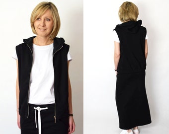 TIMI - cotton vest with a hood / vintage / handmade / black vest / made in Poland / cardigan / Women cotton Vest / black Sleeveless Coat